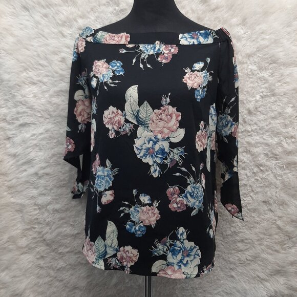 Monteau Women's Black and Floral Print Sheer Tops 3/4 Off Shoulder Blouse Size L - Picture 1 of 9